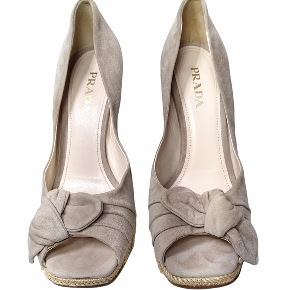 PRADA Suede Nude Espadrille Peep Square Toe Wedges Platform Sandals Shoes Size 8 - Picture 8 of 16